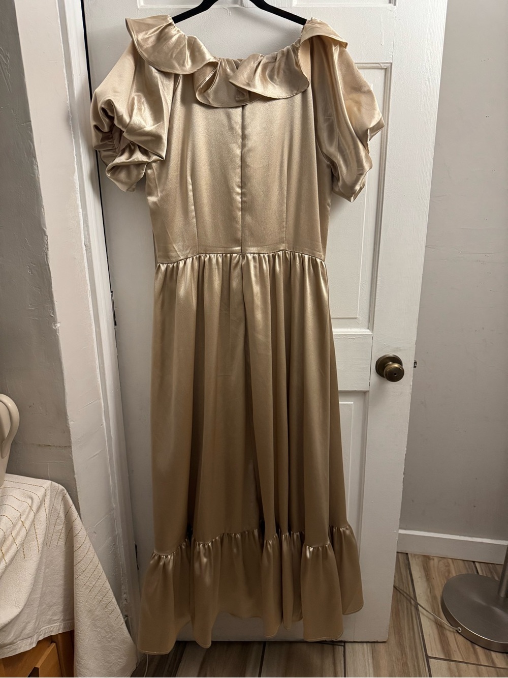Ivy City Co Gold Satin Ruffle-Trim Maxi Dress - Picture 7 of 14